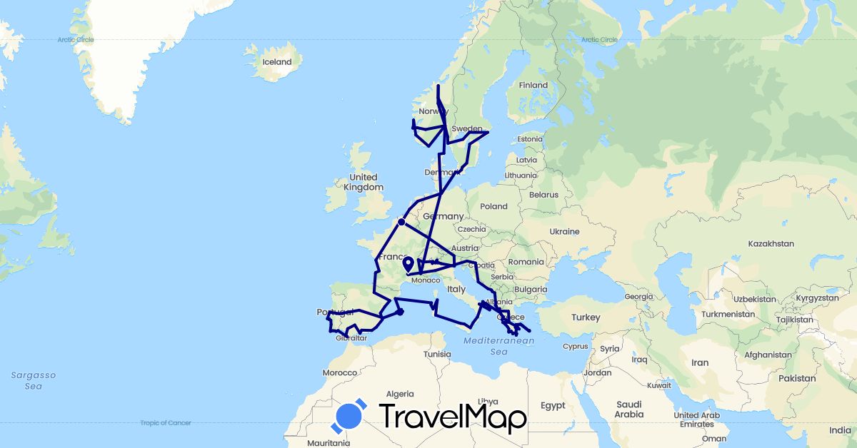 TravelMap itinerary: driving in Albania, Switzerland, Germany, Denmark, Spain, France, Greece, Croatia, Italy, Montenegro, Netherlands, Norway, Portugal, Sweden, Slovenia (Europe)